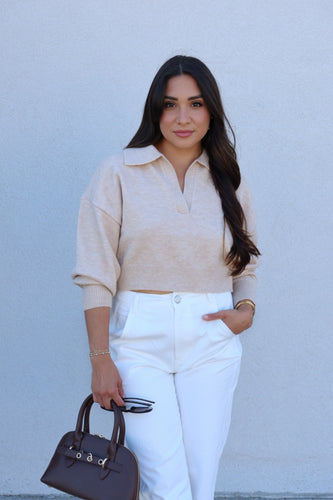 BLAIRE POLO KNIT PULLOVER SWEATER | TAUPE