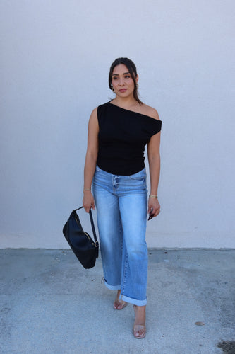 AINSLEY ASYMMETRICAL NECK SWEATER TOP | BLACK