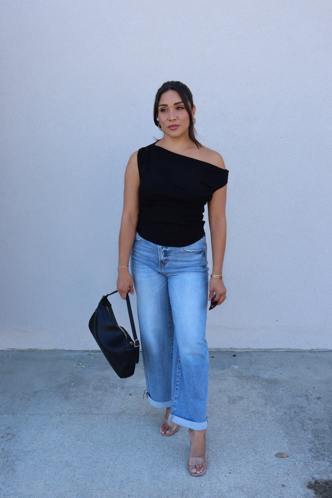 AINSLEY ASYMMETRICAL NECK SWEATER TOP | BLACK