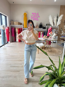 CARLY STRIPED OPEN BACK CROP TOP | TAUPE