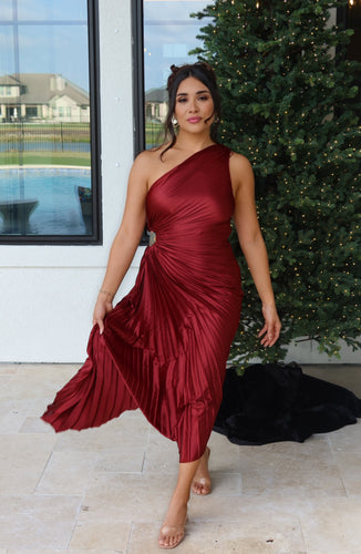 MERLOT ASYMMETRICAL PLEATED MAXI DRESS