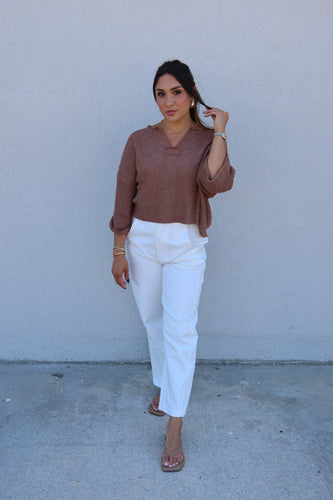 JENNA LIGHTWEIGHT KNIT SWEATER TOP | COCOA