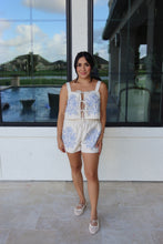 Load image into Gallery viewer, SICILY FLORALS EMBROIDED SHORT SET | BLUE &amp; BEIGE