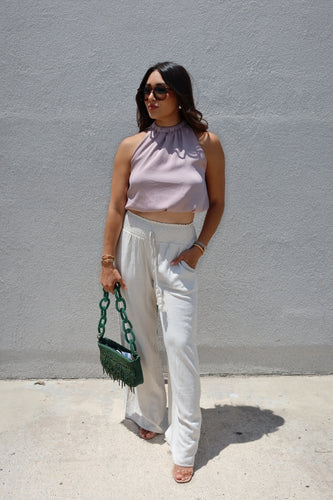 LARK SILK ELASTIC HIGH NECK CROP TOP | TAUPE