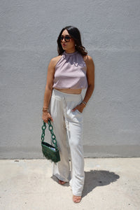 LARK SILK ELASTIC HIGH NECK CROP TOP | TAUPE