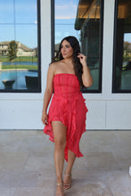 Load image into Gallery viewer, CORA HIGH LOW RUFFLE LACE DRESS | CORAL