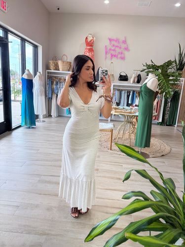LORI VNECK MIDI STRIPE DRESS | WHITE & BLACK