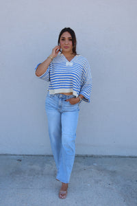 JENNA STRIPED SLOUCHY KNIT TOP | ECRU & BLUE