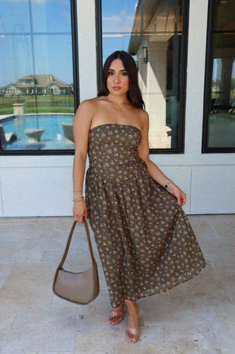 PENELOPE DROPPED WAISTED MIDI DRESS | OLIVE & PINK