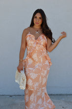 Load image into Gallery viewer, CLEMENTINE RUFFLED FLORAL SATIN MAXI DRESS | APRICOT &amp; IVORY