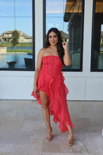 Load image into Gallery viewer, CORA HIGH LOW RUFFLE LACE DRESS | CORAL