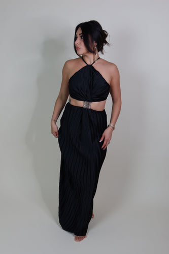 CLEO SATIN PLEADED MAXI DRESS | BLACK