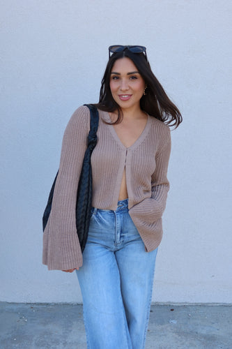 BRYNN BELL SLEEVE CARDIGAN TOP | TAN