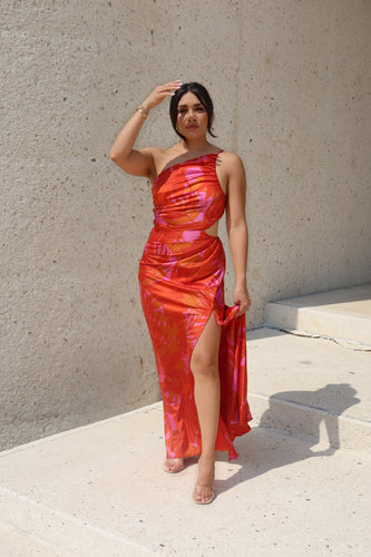 SUNSET LOVER SATIN MAXI DRESS | SCARLET & PINK