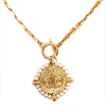 Load image into Gallery viewer, SAINT BENEDICT PEARL COIN NECKLACE | GOLD FILLED