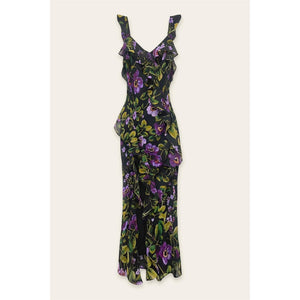 MIDNIGHT VIOLET ASYMMETRICAL RUFFLED DRESS