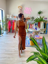 Load image into Gallery viewer, DIPPED IN CHOCOLATE SATIN MAXI DRESS